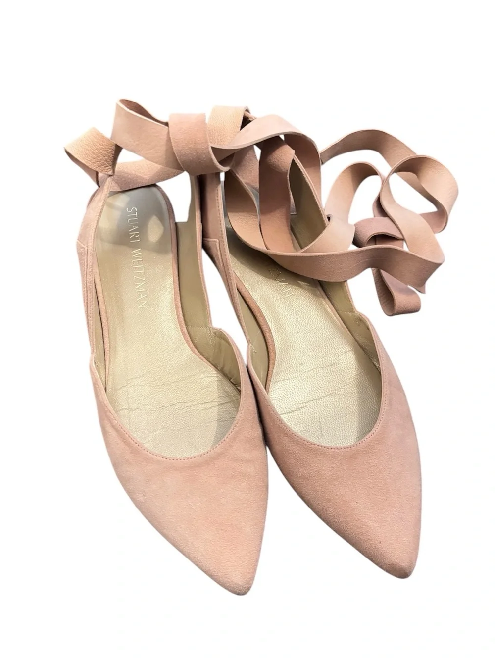 Stuart Weitzman Supersonic Suede Ballet Flats-Pointed Toe Ankle Tie Dusty Pink